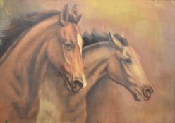 20th Century Continental School, 'de Grieux', coloured print, A close up of two galloping chestnut