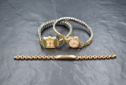 A 14ct gold Tonica wristwatch, the square dial with baton and Arabic numerals on a gold tone