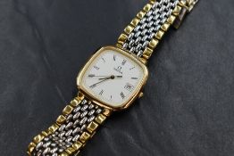 An Omega Deville wristwatch, the square white dial having Roman numerals and date aperture, on a two