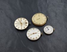 Four assorted wrist watch mechanisms including two Omega, an Accurist and an unmarked lady's model.