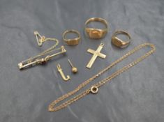 A selection of 9ct gold and yellow metal jewellery oddments, most stamped 375, including chain,