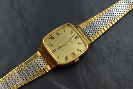 A Longines automatic wristwatch, the square golden dial with Roman numerals and date aperture,
