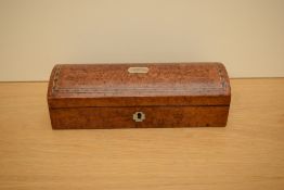 A Walnut pen box with parquetry and mother of pearl decoration having cloth lining