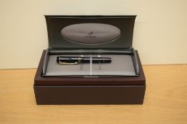 A boxed Parker Duofold Demi cartridge fill fountain pen in Black having Duofold Parker 18k 750 nib