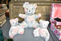 Three Park Rose pottery Bridlington bears, hand coloured with blue and pink foliage, largest h17cm.