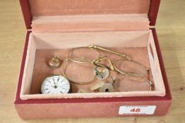 A pink velvet liner jewellery box, containing a white metal pocketwatch lacking its winding top,