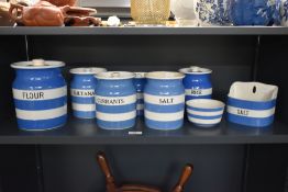 A selection of T.G Green blue & white Cornish kitchen ware, to include rice jar, salt jar, flour jar