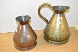 A late 19th / early 20th century brass measuring jug, h27cm, sold together with a copper measuring
