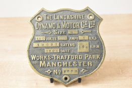 A brass industrial motor nameplate / plaque reading 'THE LANCASHIRE DYNAMO & MOTOR Co Ltd', 12cm.
