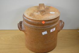 An early 20th century salt glazed Stoneware lidded crock, impressed factory mark to side, h24cm.
