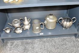 A selection of late 19th / early 20th century pewter tea ware, to include a lobbed two handled sugar