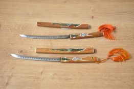 A pair of vintage Japanese miniature samurai Katana letter openers, hand painted with dragon's and
