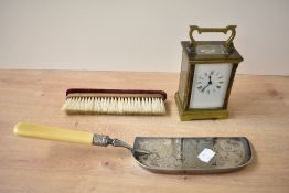 A beautifully decorated 19th century silver plated crumb tray with velvet handled brush, 30cm,