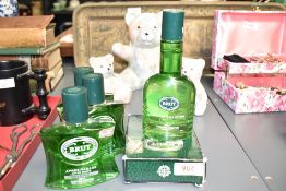Four men's Brut aftershave, one in original box, 12cm, sold alongside a plastic bottle of splash-