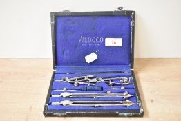 A vintage set of steel geometry drawing / surveying instruments, each instrument engraved 'Wedoco,