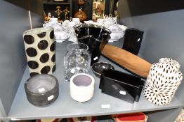 A large mid century hand blown handkercheif black vase, h22cm, sold alongside an oval glass vase