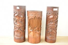 A group of early 20th century Chinese bamboo brush pots, beautifully carved showcasing Chinoiserie