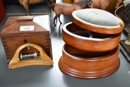 A 19th century miniature tea caddy with exposed dove tail joints, h10cm x w13cm, sold together