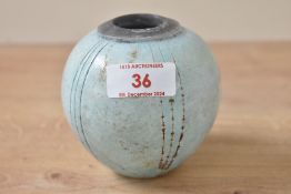 A petit gourd shaped stone ware vase, decorated with three recurring stripes running down from the