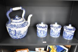 A late 20th century oversized blue and white Spode ceramic kettle decorated in the Italian