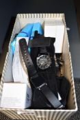 A large assortment of wristwatches and fitness tracker watches, including Atlas For Men, Tavistock &