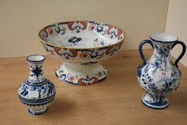 A large Victorian ironstone footed bowl decorated with blue and red scrolls and foliage on a white