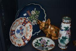 A 20th Century ceramic decoupage pig study, measuring 18cm high, a Cloisonne enamelled vase and