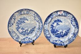 A 19th century pair of blue and white Herculaneum pottery plates (Liverpool 1793-1841), decorated in