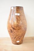 A contemporary turned mango wood barrel shaped vase, h35cm.