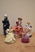 A group of five Royal Doulton bone china figurines comprising 'Top O The Hill' HN 1834, 'Masque'