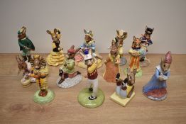A collection of thirteen Royal Doulton bone china Bunnykins Series figures including characters