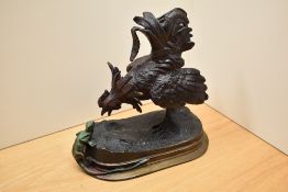 After Franz Bergman large cold painted bronze study of cockerel meeting lizard signature to the