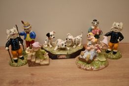A group of seven Royal Doulton bone china figures and figure groups including 'Dopey by Candlelight'