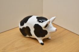 A Wemyss Ware small black and white pig, measures 10cm tall and 15cm long.