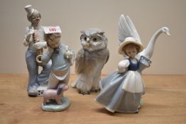 Four Nao by Lladro figurines comprising 'Short Eared Owl' number 712, 'Someone is Calling You'
