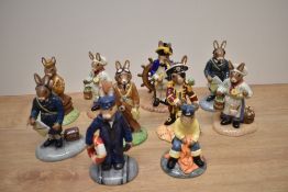 A collection of ten Royal Doulton bone china Bunnykins Series figures including characters World War