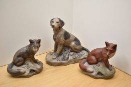 Three Barbara Linley Adams Poole Pottery stoneware animal studies comprising two foxes, brown and