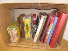 BOX WITH 8 WORLD COLLECTIONS + 3 CIGAR BOXES OF LOOSE STAMPS ON AND OFF PAPER Box with general world