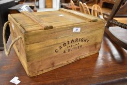 A vintage food or wine crate, branded for Cartwright & Butler, approx. 37 x 27 x 18cm
