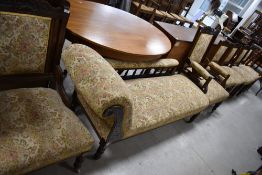 A Victorian mahogany framed salon suite, comprising chaise longue , gents and ladies easy chairs and