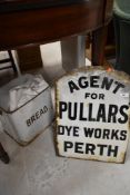 An enamelled sign for Pullars' Dye Works and a vintage enamelled bread bin
