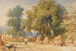 William Hull (British 1820-1880) watercolour, harvest time with corn stooks, signed and dated 1852