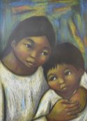 A pair of South American school coloured pastille drawings, each depicting a mother and child and
