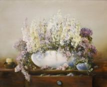 Judith Levin (British b.1956) oil on canvas, still life study, bowl of phlox blossoms, signed