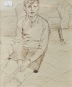 20th Century School, pen sketch, A 1930s portrait of a boy sitting by a chair, framed and under