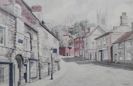 After R.G. Barton (20th Century, British), coloured print, 'Steep Hill, Lincoln', framed, mounted,