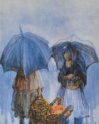 After Luc Le Beau (b1928) two coloured prints, figures in the rain 61cm x 47cm overall & 55cm x 45cm