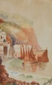 F. Gough (20th Century School), watercolour, A Continental harbour seascape with masted vessels
