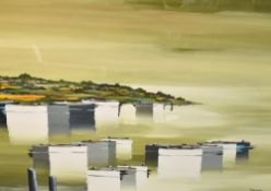 Leon Denoel (Swiss b.1934) a large gouache on paper, coastal landscape with boats and reflective