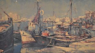 After R. Bartisch (20th Century), coloured print, 'Spanish Harbour', framed, measuring 58cm x